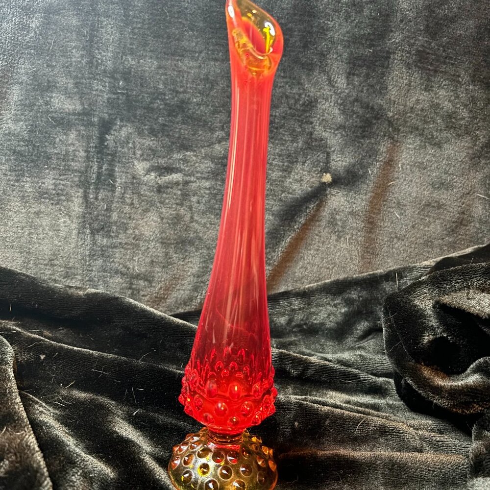 Fenton Amberina Orange Red Stretch Glass Hobnail Swung 10" Vase